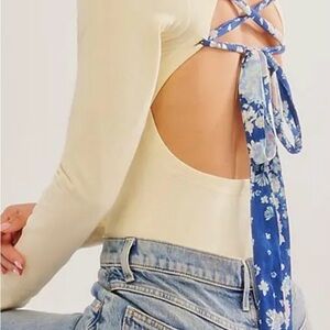 Free People Butter Cream Yellow Top with Blue Floral Accents Straps